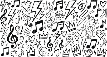 Hand drawn doodle pattern of musical notes treble clefs hearts crowns and lightning bolts silhouette isolated on transparent background