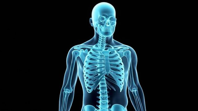 A rotating 3D model of the upper half of a human body with transparent skin and a detailed skeleton, smoothly turning around its axis against a black background for medical and scientific use