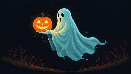 Scary halloween ghost holding Jack O'Lantern