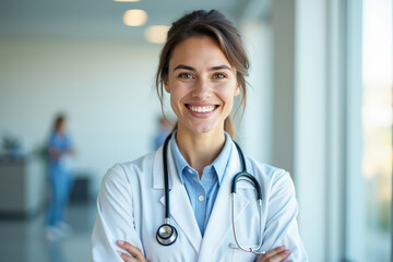 Female doctor with warm smile in modern medical office. Confident and friendly healthcare professional.