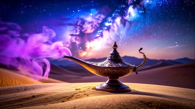 A golden genie lamp rests on a sandy desert landscape, with purple smoke rising into a starry night sky.