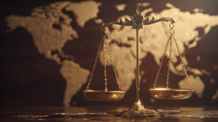 Golden scales of justice with world map background symbolizing fairness equality peace and International Day of Neutrality global law and balance
