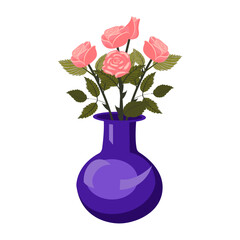 A bouquet of light pink roses in a blue vase. A set of four lush blooms and a bud. Vector illustration on a white background.