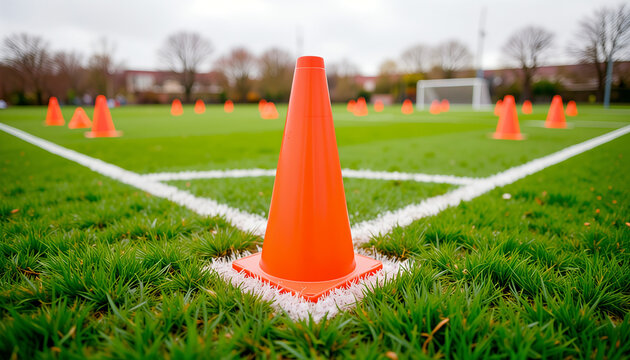 Bright orange sports cone in focused mood marking training drills on green football field for athletic and sports themes