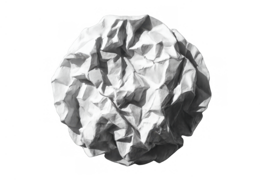 Crumpled white paper ball showing texture and shadows on transparent background expressing error and frustration