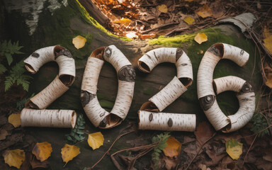 Obraz premium The year 2026 spelled out with birch logs a rustic and natural representation of the coming year set against an autumnal forest floor