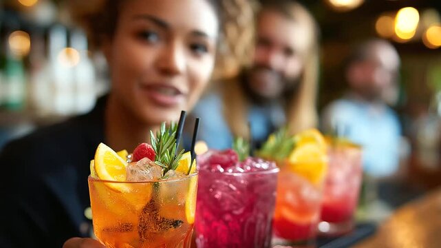 Bartender teaching mixology class, colorful cocktails and laughter, creative learning, social gathering, food and beverage art, teamwork and taste, sensory experience, modern lifes