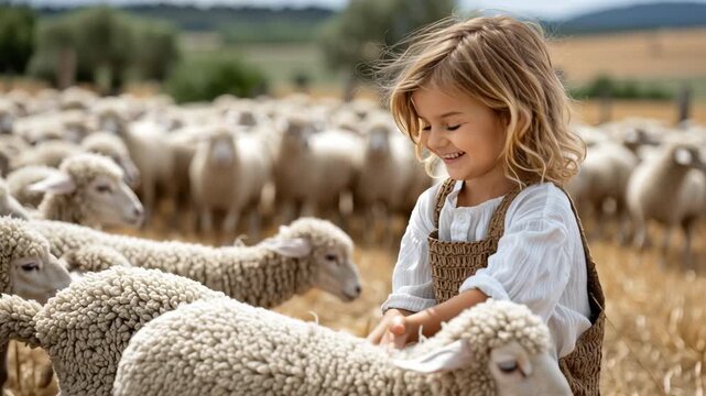 Young girl interacting affectionately with sheep at rural farm, child in pastoral landscape in summer, nature concept
