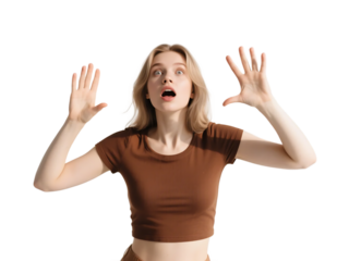 A young woman with raised hands showing a surprised expression against a white background.