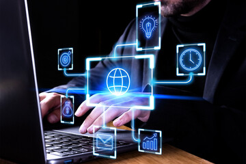 Business professional interacting with global digital network technology