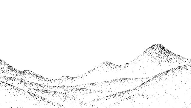 Mountain landscape made of dots and stippling effect. Abstract illustration with grain noise. Minimalist design element for web.