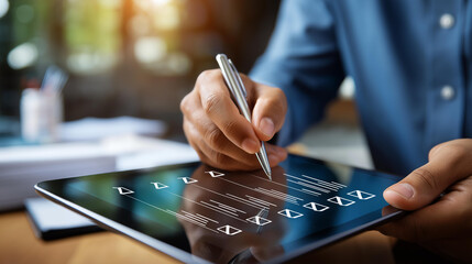 Business professional's hands using stylus on tablet with tax checklist interface face obscured e filing system visible financial documents and checkmarks compliance workflow
