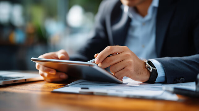 Business professional's hands using tablet for invoice processing face obscured billing checklist payment status accounting software interface financial management workspace