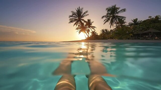 A stunning split-level shot captures the serene beauty of a tropical paradise at an idyllic hour. Above the tranquil surface, the sky glows with warm sunset and sunrise hues, casting silhouettes of lu