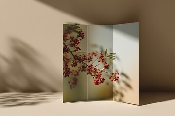 A minimalist studio shot featuring a branch with red berries and green leaves on a beige room divider, enhanced by natural light and shadows.
