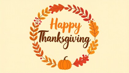 Fototapeta premium Hand-Drawn Happy Thanksgiving Wreath with Autumn Leaves and Pumpkin