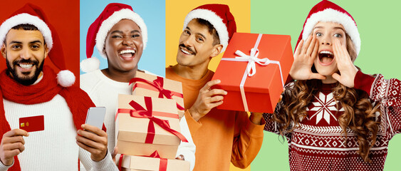 A vibrant collage showcases four cheerful people in festive hats. They hold gifts and celebrate the...