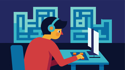 A person playing a computer game where they have to navigate through a virtual maze and remember the correct path. This game improves spatial memory retrieval a crucial skill for. Vector illustration