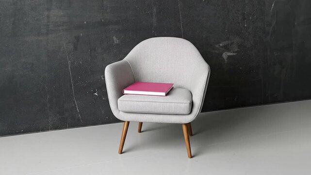 A stylish and contemporary light grey fabric armchair with elegant wooden legs stands prominently against a dark, textured wall in a minimalist interior setting. A vibrant pink book is thoughtfully pl