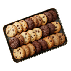 Assortment of chocolate chip cookies on a baking tray isolated on transparent background