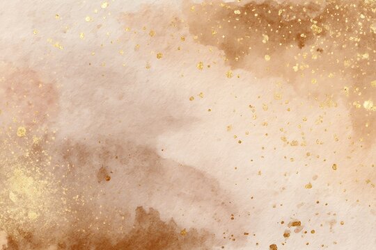 An elegant abstract watercolor background featuring warm brown and beige tones with shimmering gold glitter splatters, perfect for festive designs.