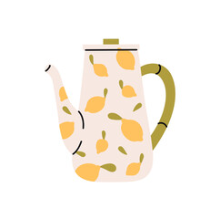 Ceramic or metal teapot for preparing hot beverages. Cute kettle with pattern of lemons. Ornamented tea pot for cooking herbal drinks, coffee. Flat isolated vector illustration on white background