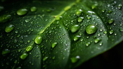 Fresh green leaf covered in glistening raindrops perfect for wellness branding, botanical designs, or a serene nature backdrop