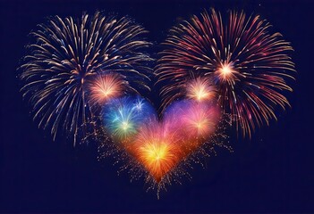 colorful fireworks building a heart in a dark blue