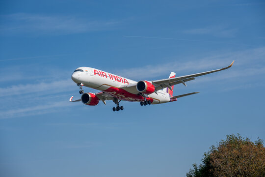 Air India Airbus A350 on approach to Heathrow airport. Forward view