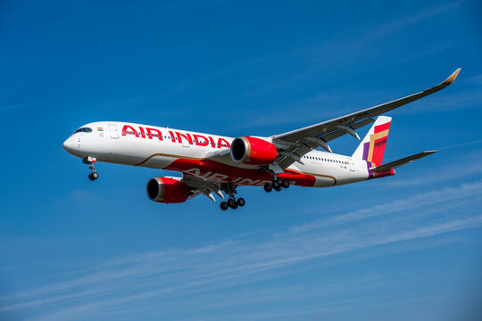 Air India Airbus A350 on approach to Heathrow airport. Slight forward view