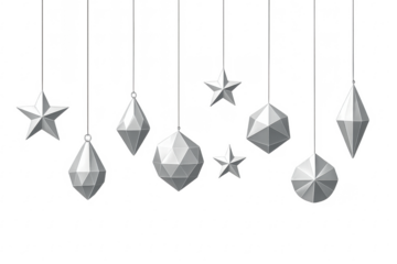 Silver geometric christmas ornaments hanging transparent background