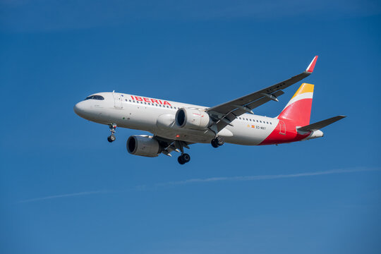 Iberia Airbus A320neo on approach to Heathrow Airport. Forward view