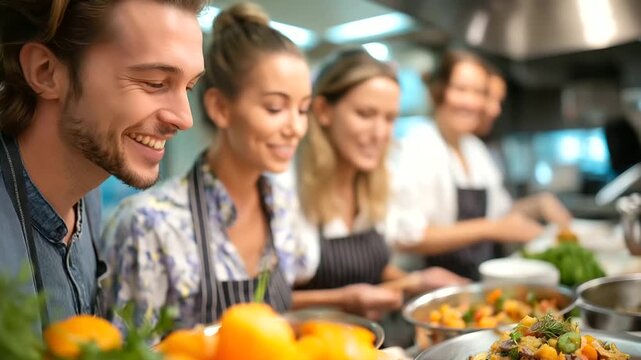 Chef teaching cooking class of foreign cuisine, bright kitchen light, participants laughing, learning and tasting, culinary culture, food education, teamwork and fun, creative joy,