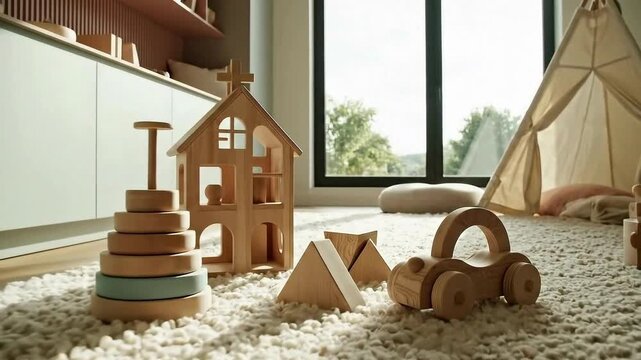 Cozy nursery room with wooden toys and teepee tent for playtime and relaxation