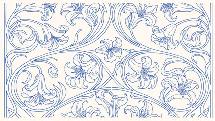 Elegant seamless floral pattern with blooming lilies and swirling vines in vintage art nouveau line illustration style.