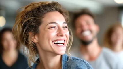 People laughing during improv comedy workshop, lively gestures and smiles, creativity and spontaneity, personal growth, humor and expression, acting fun, emotional release, teamwor