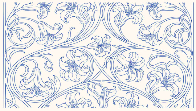 Naklejki Elegant seamless floral pattern with blooming lilies and swirling vines in vintage art nouveau line illustration style.