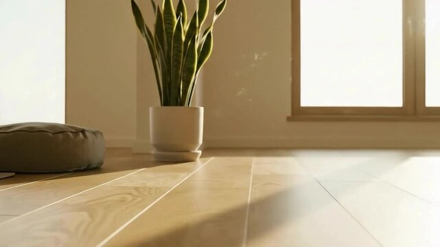 Serene yoga mat and meditation cushion setup with a snake plant in a bright room with natural light and wooden floors