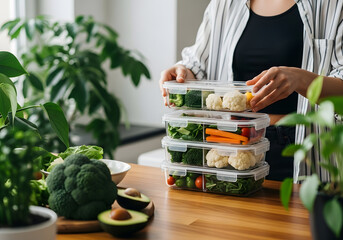 Woman organizing meal prep containers with vegetables Female preparing healthy meals with vegetables in containers representing meal prep and nutrition planning