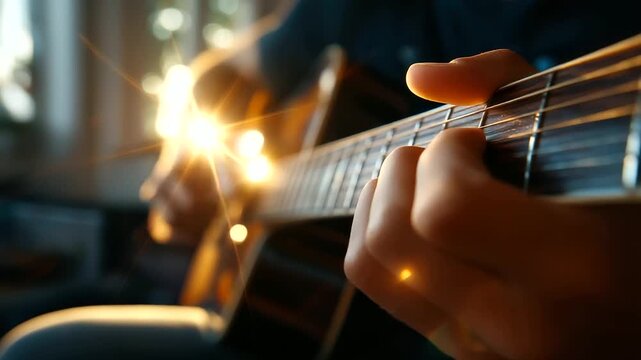 Man learning to play guitar at home, sunlight through window, focus and passion, music creativity, self improvement, relaxing hobby, skill building, artistic journey, lifestyle exp