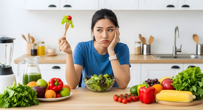 Woman in kitchen preparing salad looking thoughtful Female in kitchen surrounded by fresh vegetables symbolizing mindful eating and healthy meal choices