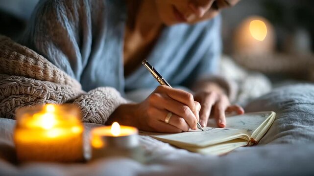 Woman writing personal journal in bed by candlelight, peaceful evening, reflection and mindfulness, emotional clarity, creative solitude, slow living, inner peace, cozy night atmos