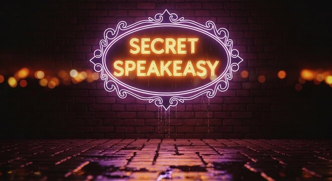 Vintage Secret Speakeasy neon sign on brick wall with lights backdrop. Great for bar, nightclub, retro party invitations, cocktail events, prohibition theme projects.
