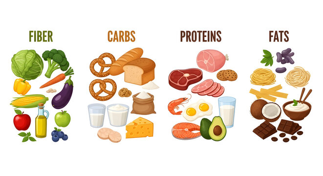 Macronutrient food chart illustration with icons Educational infographic showing fiber carbs proteins and fats categories of foods for healthy diet learning