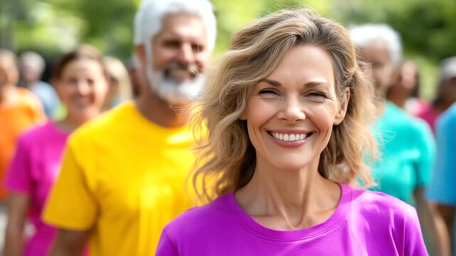 Group participating in charity walk, colorful shirts and smiles, motivation and kindness, social unity, health and compassion, giving back, community spirit, positive energy, with