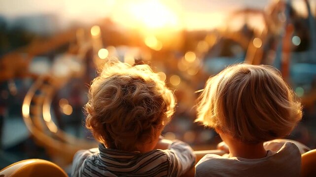 Family enjoying day at theme park, roller coasters and sunshine, laughter and excitement, childhood fun, bonding through adventure, outdoor happiness, family connection, lifestyle