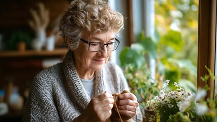 Elderly woman knitting scarf by window, sunlight on yarn, patience and joy, creative relaxation, craft and nostalgia, handmade art, warmth and tradition, cozy mindfulness, with cop - Powered by Adobe