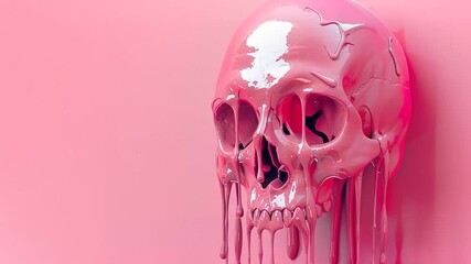 A pink skull, dripping with vibrant neon pink liquid, glowing with a surreal aura, set against a soft pink background - Powered by Adobe