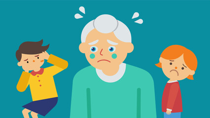 A grandparent experiencing mood swings or agitation leading to unpredictable behavior and discomfort for their grandchild.. Vector illustration