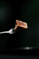 Close-up of a fork holding a piece of grilled tuna with a dark background. Gourmet seafood dish, healthy protein meal, elegant minimalist food photography.